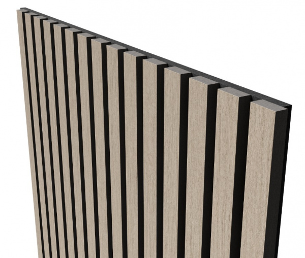 Акустическая панель, черный войлок, 2750х600х21мм, рейки МДФ, шпон дуб латте бежевый